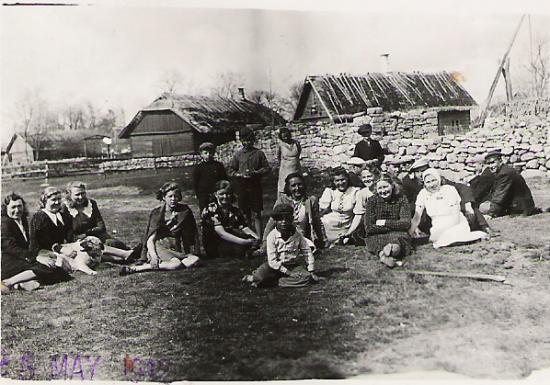Noored Saaru väljal 25.05.1942.a. Taamal paistavad vasakult Peedu, Matise ja Kaarli majad.